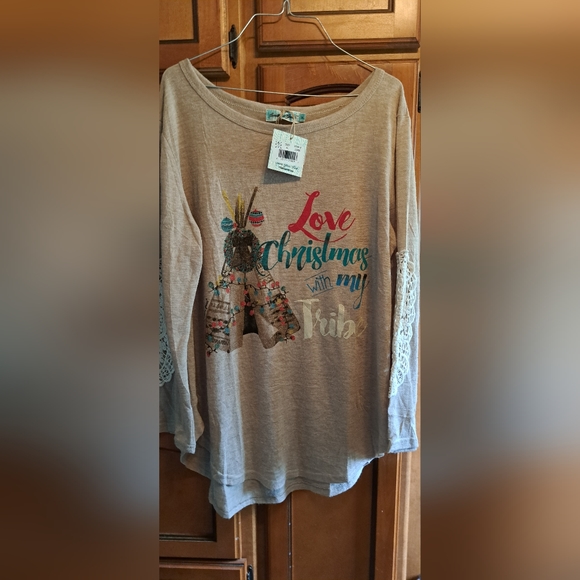 Ladies "Christmas With My Tribe" Top By Southern Grace XL Long Sleeve Tulle Lace - Picture 1 of 7
